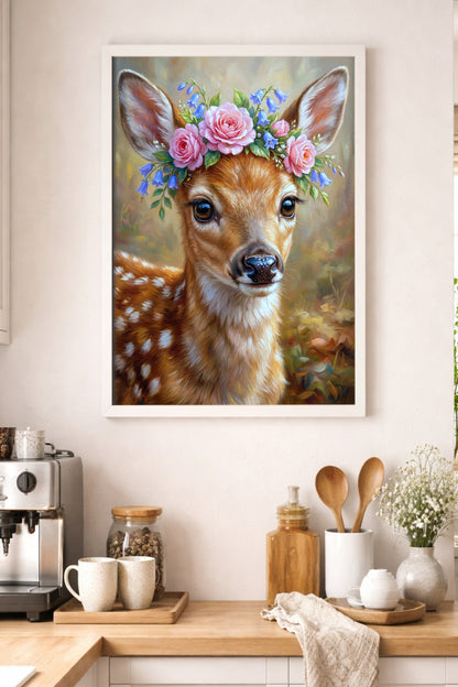 Florales Rehkitz-Portrait als digitales Wandbild mit rosa Rosen, blauen Blüten und ruhigem Naturhintergrund. In einer Küche.