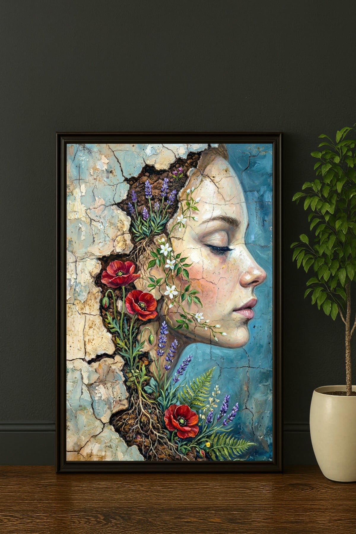 Digitales Resilience Art Poster mit Frauenprofil, Wildblumen, Mohnblüten, Lavendel und rissiger pastellblauer Wandstruktur.