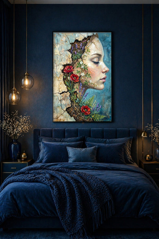 Digitales Resilience Art Poster mit ruhigem Frauenprofil, roten Mohnblüten, Lavendel, Wildblumen und rissiger Wandstruktur in Pastellblau.