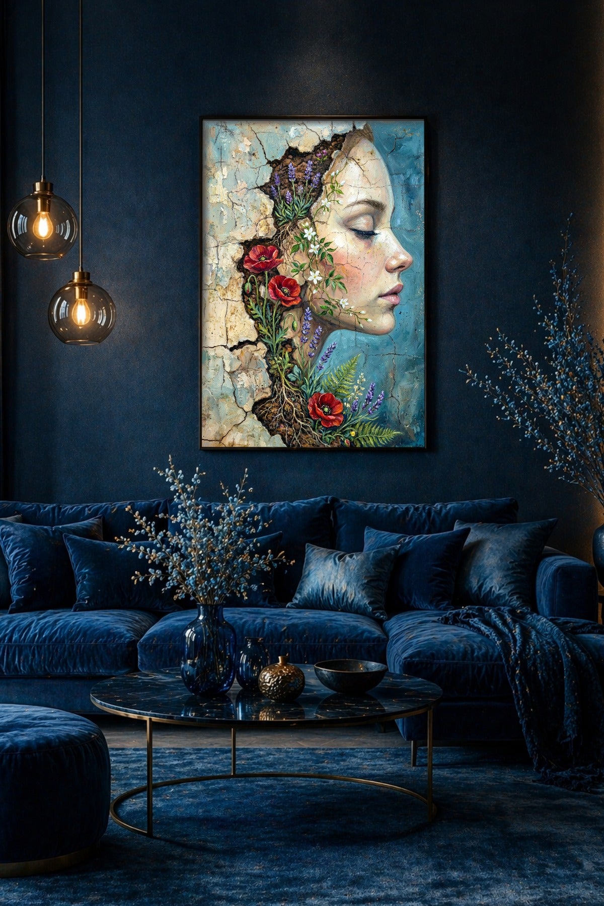 Digitales Wildflower Wall Art Poster mit seitlichem Frauenprofil, rissiger Wandoberfläche, Mohnblüten, Lavendel und feinen Pflanzenwurzeln.
