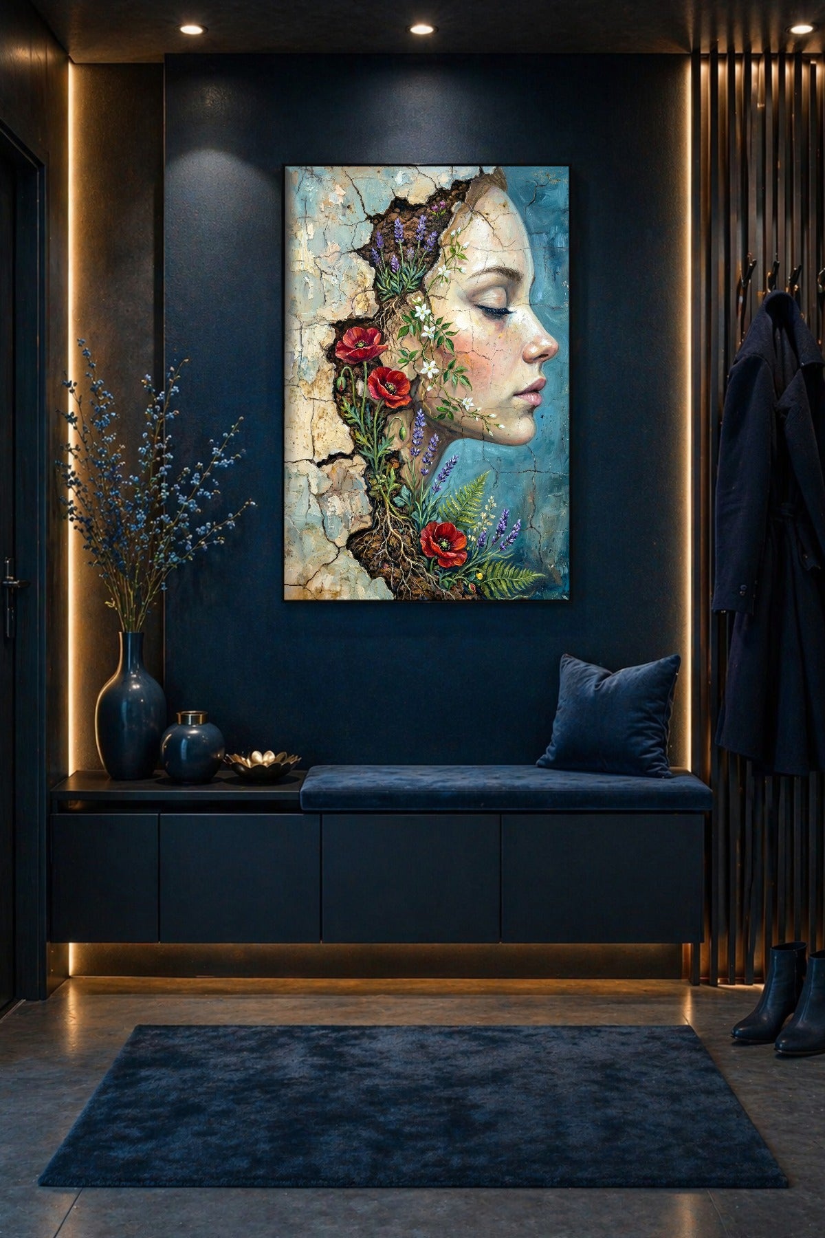 Resilience Wandkunst als Digitaldownload mit Frauenprofil, wachsenden Wildblumen, roten Mohnblüten und strukturierter Wand in Blau, Creme und Beige.