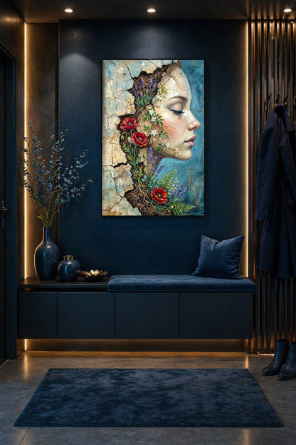Resilience Wandkunst als Digitaldownload mit Frauenprofil, wachsenden Wildblumen, roten Mohnblüten und strukturierter Wand in Blau, Creme und Beige.