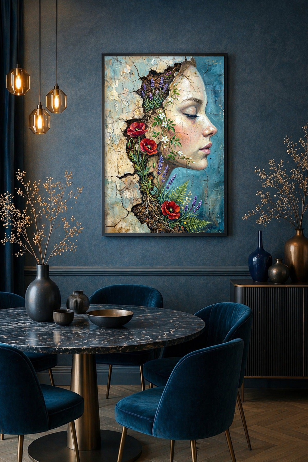 Modernes Pastel Wall Art Poster mit stillem Frauenprofil, botanischen Details, Lavendel, Mohnblumen und rissiger pastellblauer Oberfläche.