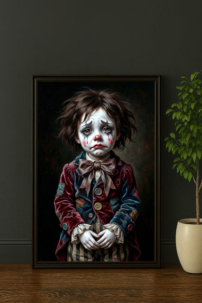 Digitales Sad Clown Art Poster mit traurigem Pierrot, roter Nase, Tränen, großer Schleife und dunklem Vintage-Circus-Hintergrund.