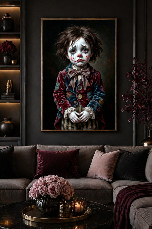 Digitales Sad Clown Art Poster mit melancholischem Pierrot, roter Nase, verlaufenen Tränen, großer Schleife und dunklem Vintage-Circus-Look.