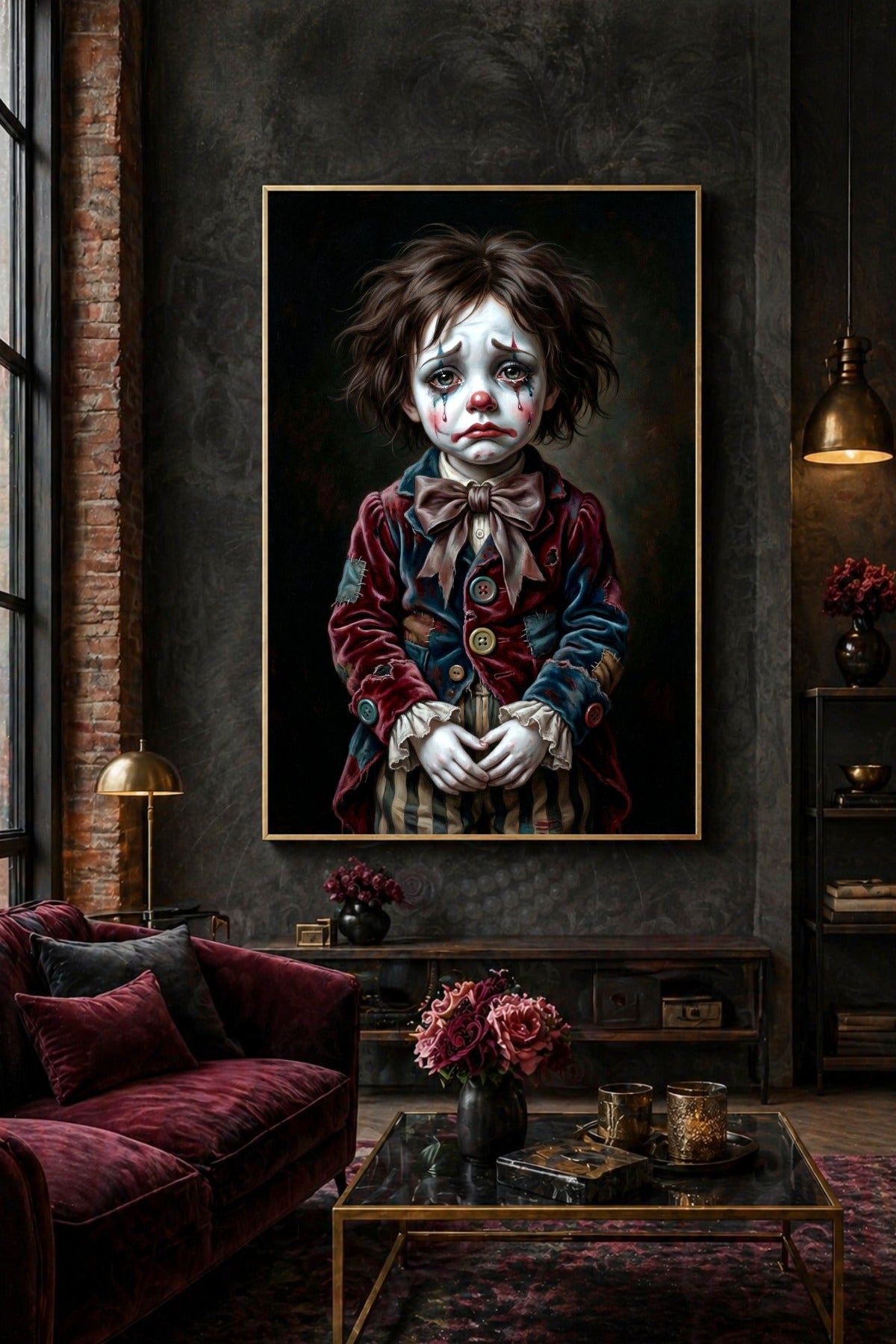 Trauriger Pierrot als digitales Poster mit blassem Gesicht, roter Nase, feinen Tränen, Schleifenkragen und düsterem Zirkus-Hintergrund.