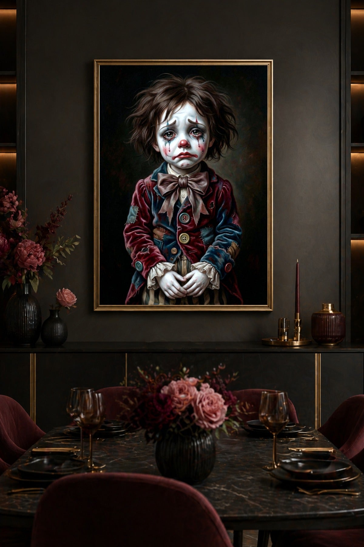 Digitales Lowbrow Art Poster mit traurigem Clown, großer Schleife, roter Nase, verlaufenen Tränen und dunklem Vintage-Circus-Hintergrund.