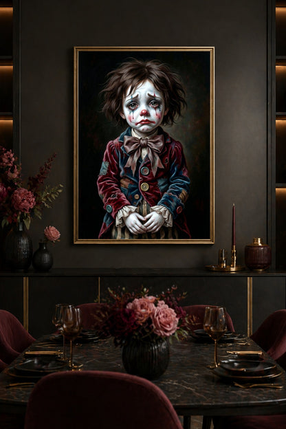 Digitales Lowbrow Art Poster mit traurigem Clown, großer Schleife, roter Nase, verlaufenen Tränen und dunklem Vintage-Circus-Hintergrund.