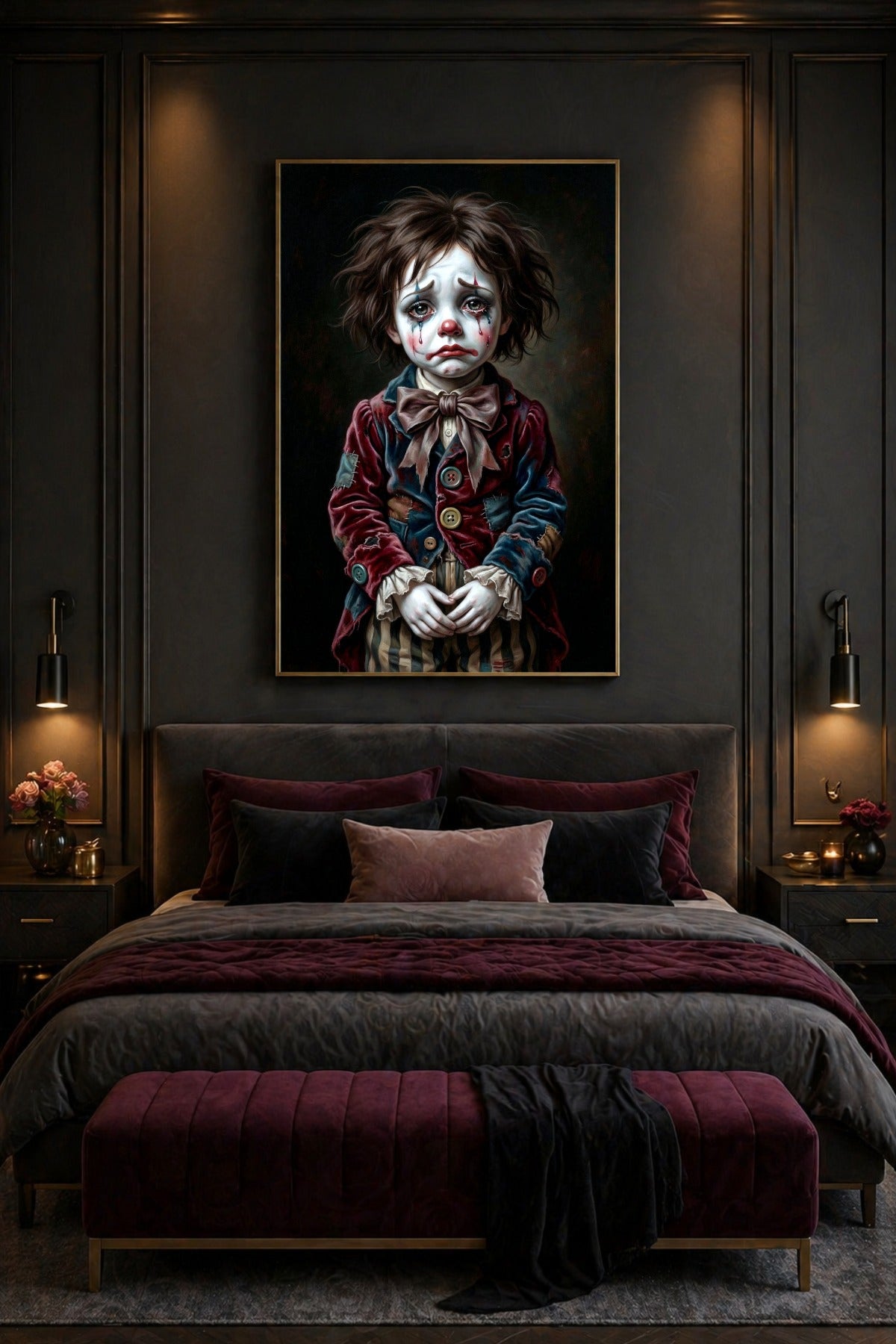 Melancholische Pierrot Wandkunst als Digitaldownload mit traurigem Blick, roter Nase, Tränen, altem Kostüm und dunkler Circus-Atmosphäre.