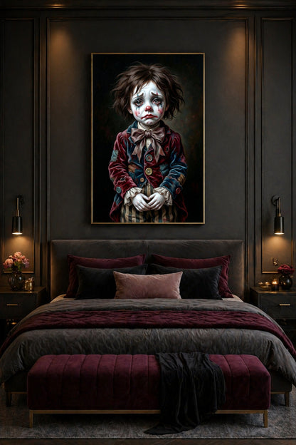 Melancholische Pierrot Wandkunst als Digitaldownload mit traurigem Blick, roter Nase, Tränen, altem Kostüm und dunkler Circus-Atmosphäre.