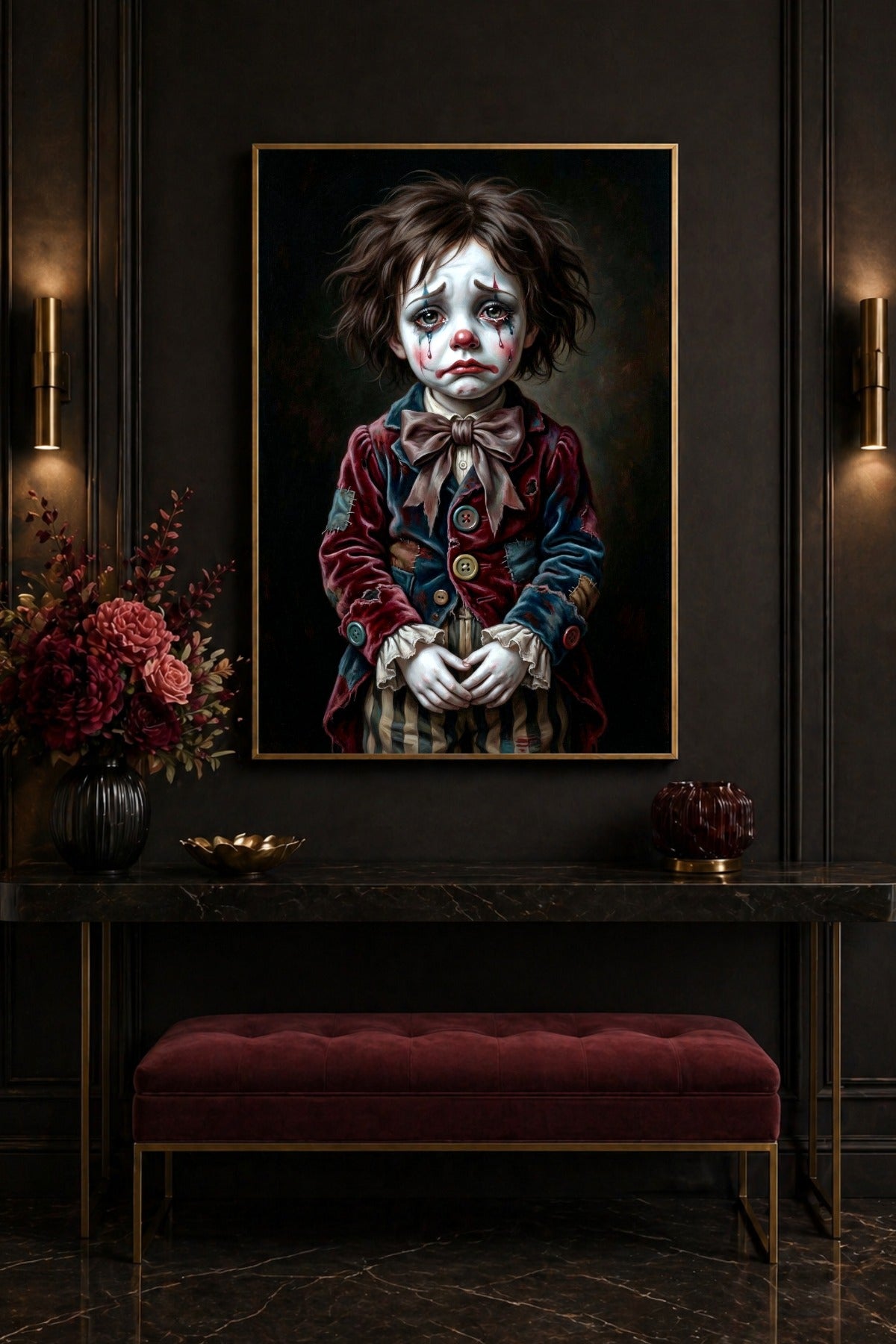 Digitales Vintage Circus Poster mit Sad Clown Portrait, roter Nase, dunklen Augen, Tränen und großer Schleife vor schwarzem Hintergrund.