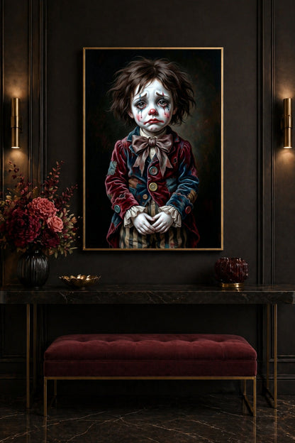 Digitales Vintage Circus Poster mit Sad Clown Portrait, roter Nase, dunklen Augen, Tränen und großer Schleife vor schwarzem Hintergrund.