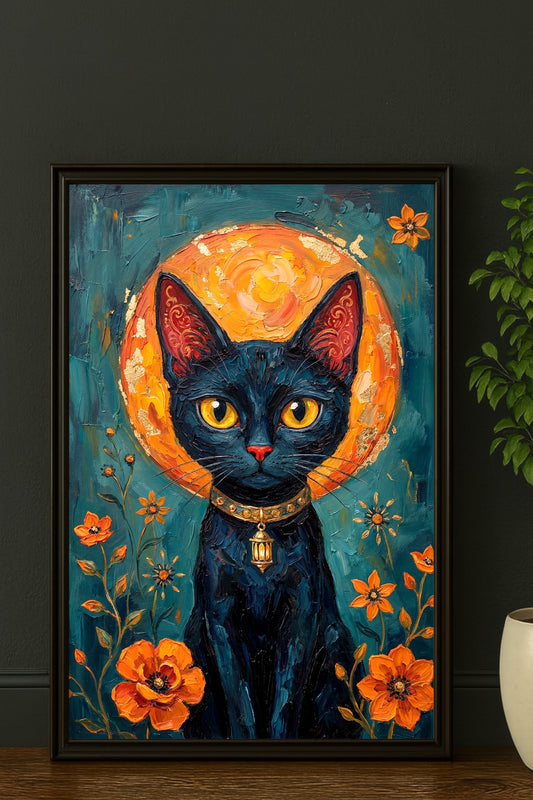 Digitales Wandbild mit schwarzer Katze vor goldenem Mond, orangefarbenen Blumen und petrolfarbenem Hintergrund in mystischer Malerei-Optik.