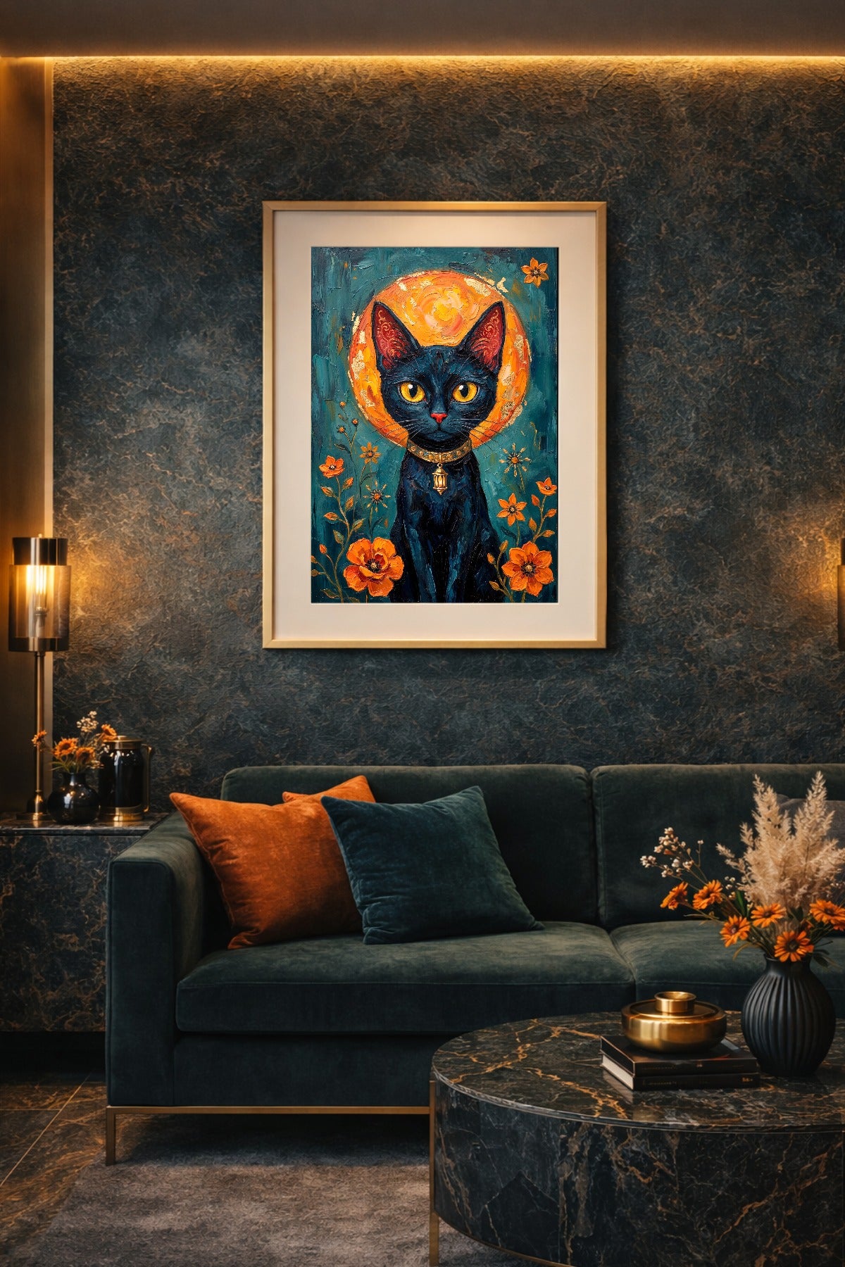 Digitales Poster mit schwarzer Katze, goldenem Mond, orangefarbenen Blüten und petrolfarbenem Hintergrund im mystischen Malstil.