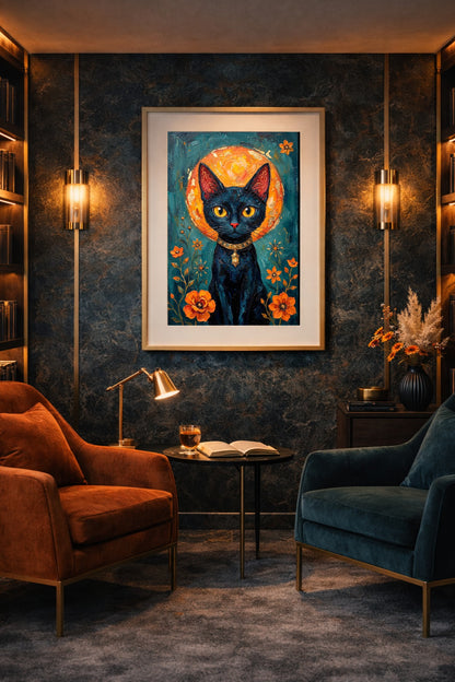 Mystisches digitales Wandbild mit schwarzer Katze vor goldenem Mond und floralen Elementen in Orange auf petrolfarbenem Grund. Gerahmt im Lesezimmer.