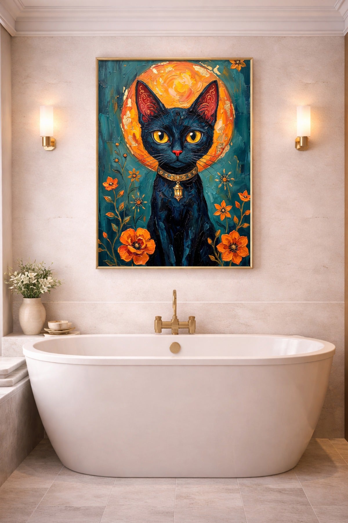Digitales Kunstposter mit schwarzer Katze, goldenem Mondkreis, orangefarbenen Blumen und petrolfarbenem Hintergrund im Fantasy-Stil. Gerahmt im Bad.