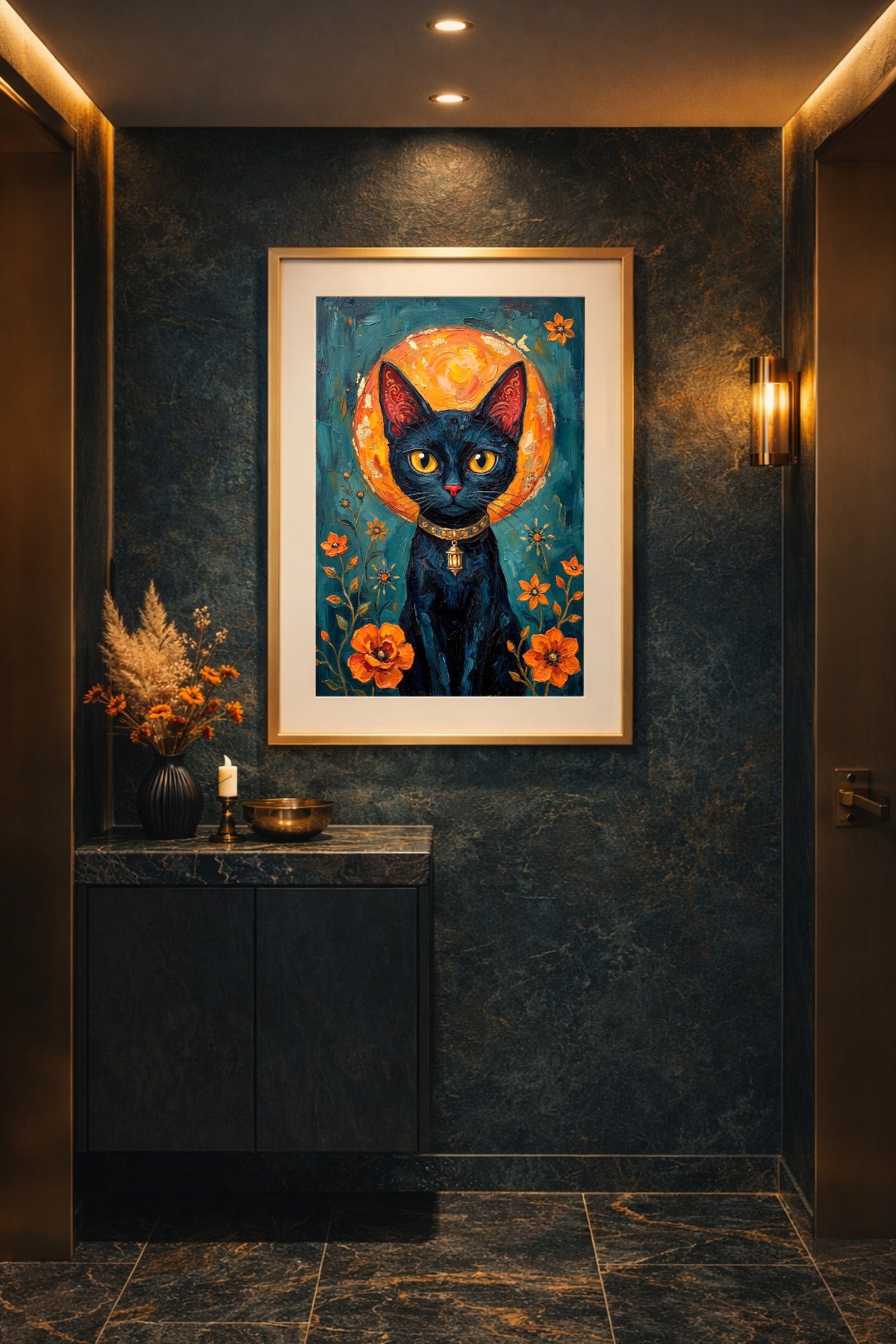Digitale Wandkunst mit schwarzer Katze, leuchtendem Mond, orangefarbenen Blumen und dunklem Petrol in malerischer Optik. Gerahmt im Flur.