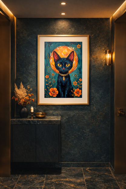 Digitale Wandkunst mit schwarzer Katze, leuchtendem Mond, orangefarbenen Blumen und dunklem Petrol in malerischer Optik. Gerahmt im Flur.