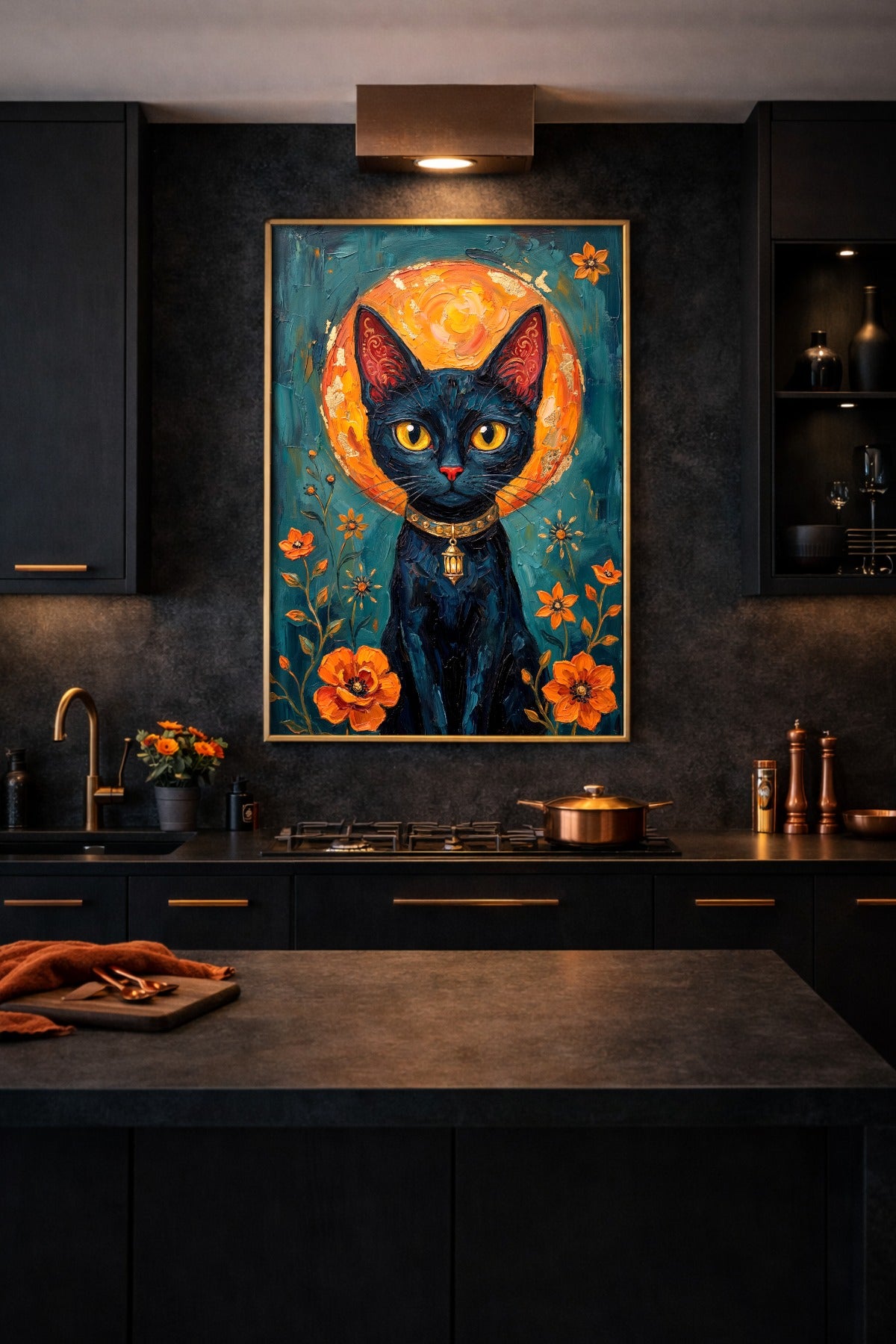 Fantasievolles Wandbild digital mit schwarzer Katze, goldgelbem Mond und orangefarbenem Blumenmotiv auf petrolfarbenem Hintergrund. Gerahmt in Küche.