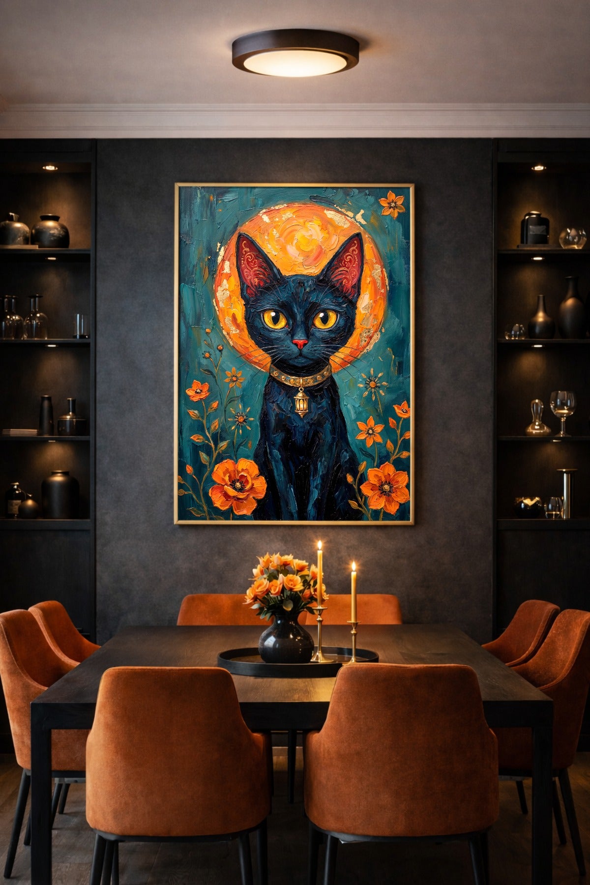 Gedrucktes Folk Art Katzenposter mit schwarzer Katze, Laternenhalsband, gelben Augen, warmem Lichtkreis und orangefarbenen Mohnblumen.