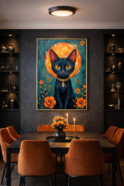 Gedrucktes Folk Art Katzenposter mit schwarzer Katze, Laternenhalsband, gelben Augen, warmem Lichtkreis und orangefarbenen Mohnblumen.