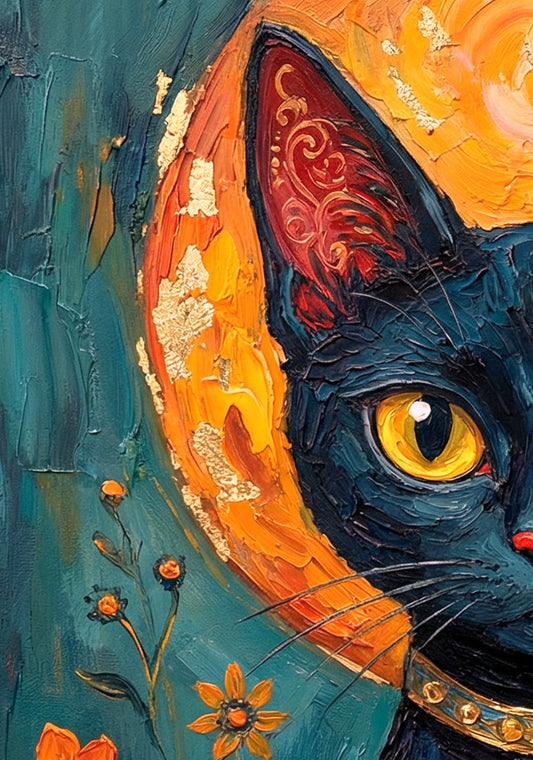 Detailansicht Kopf linke Seiten von Digitales Wandbild mit schwarzer Katze vor goldenem Mond, orangefarbenen Blumen und petrolfarbenem Hintergrund in mystischer Malerei-Optik.