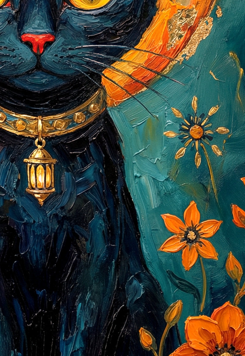 Detailansicht Körper und Blumen von Digitales Wandbild mit schwarzer Katze vor goldenem Mond, orangefarbenen Blumen und petrolfarbenem Hintergrund in mystischer Malerei-Optik.