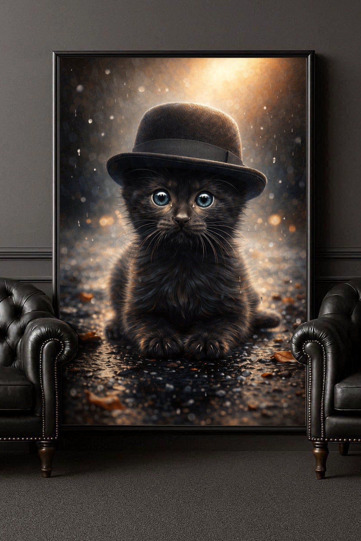 Hochwertiges Katzen-Poster: Ein schwarzes Kätzchen mit elegantem Zylinder sitzt auf einer regennassen Straße im warmen Schein der Laternen. Stimmungsvolle Steampunk-Kunst.