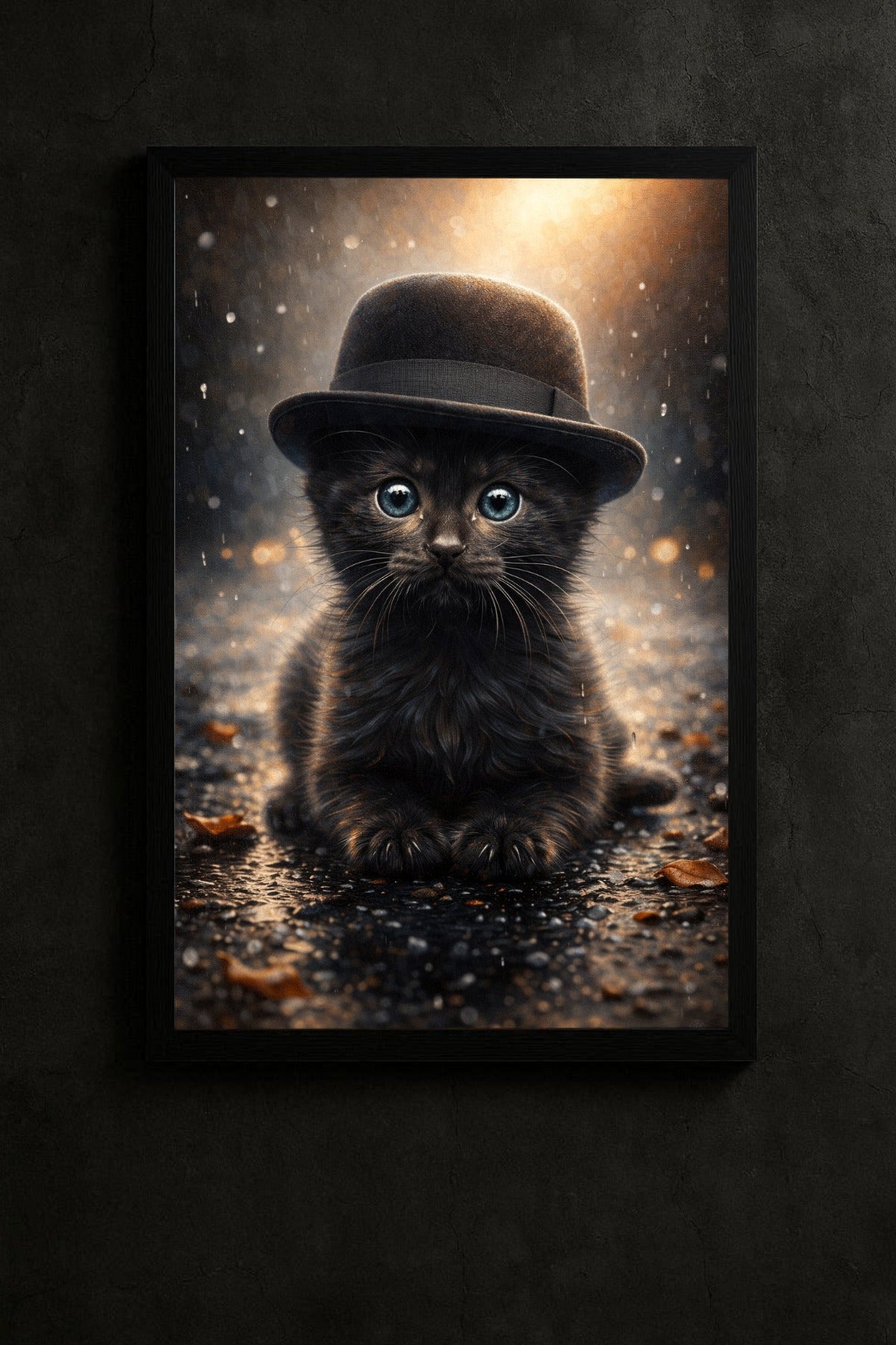 Digitales Kunstwerk einer kleinen schwarzen Katze mit Zylinder. Das Kätzchen sitzt im goldenen Licht auf einer regennassen Straße. Stimmungsvolles Tierporträt im Steampunk-Stil.
