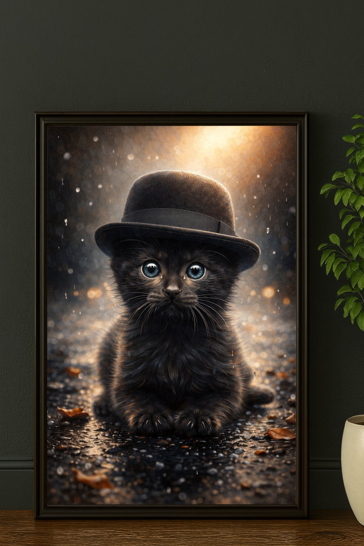 Digitales Kunstwerk einer kleinen schwarzen Katze mit Zylinder. Das Kätzchen sitzt im goldenen Licht auf einer regennassen Straße. Stimmungsvolles Tierporträt im Steampunk-Stil.