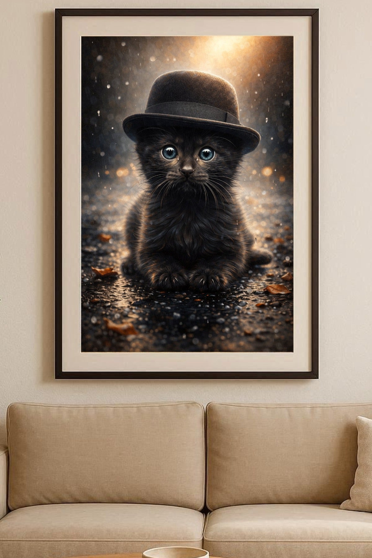 Digitales Kunstwerk einer kleinen schwarzen Katze mit Zylinder. Das Kätzchen sitzt im goldenen Licht auf einer regennassen Straße. Stimmungsvolles Tierporträt im Steampunk-Stil.