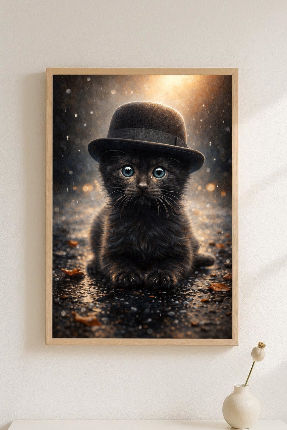 Digitales Kunstwerk einer kleinen schwarzen Katze mit Zylinder. Das Kätzchen sitzt im goldenen Licht auf einer regennassen Straße. Stimmungsvolles Tierporträt im Steampunk-Stil.