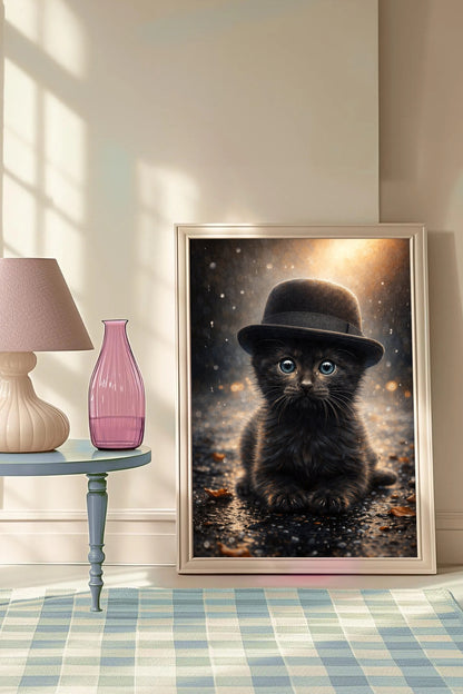 Digitales Kunstwerk einer kleinen schwarzen Katze mit Zylinder. Das Kätzchen sitzt im goldenen Licht auf einer regennassen Straße. Stimmungsvolles Tierporträt im Steampunk-Stil.