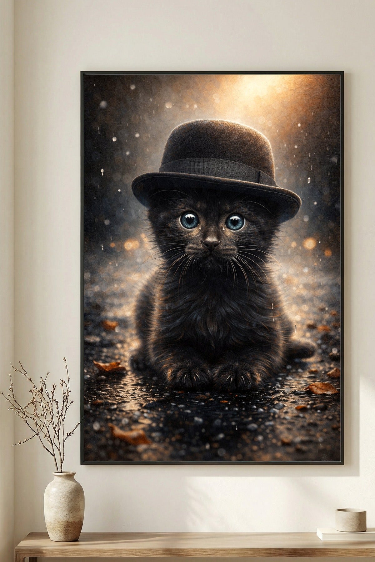 Hochwertiges Katzen-Poster: Ein schwarzes Kätzchen mit elegantem Zylinder sitzt auf einer regennassen Straße im warmen Schein der Laternen. Stimmungsvolle Steampunk-Kunst.