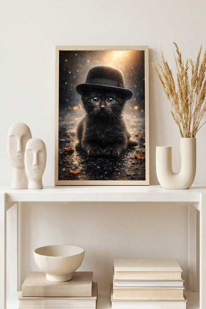 Hochwertiges Katzen-Poster: Ein schwarzes Kätzchen mit elegantem Zylinder sitzt auf einer regennassen Straße im warmen Schein der Laternen. Stimmungsvolle Steampunk-Kunst.