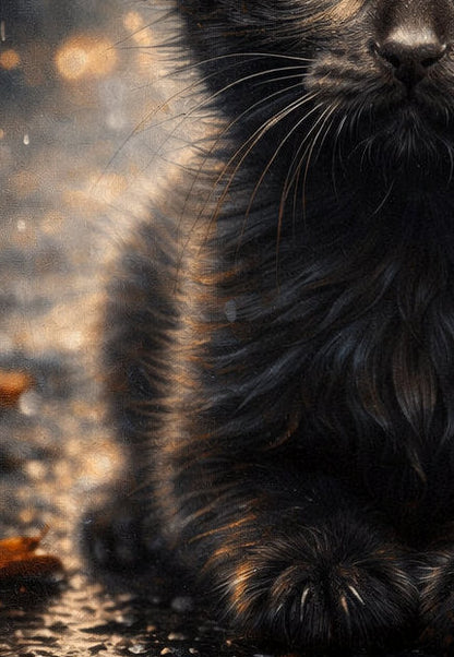 Digitales Kunstwerk einer kleinen schwarzen Katze mit Zylinder. Das Kätzchen sitzt im goldenen Licht auf einer regennassen Straße. Stimmungsvolles Tierporträt im Steampunk-Stil.