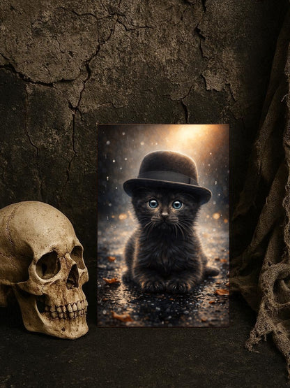Hochwertiges Katzen-Poster: Ein schwarzes Kätzchen mit elegantem Zylinder sitzt auf einer regennassen Straße im warmen Schein der Laternen. Stimmungsvolle Steampunk-Kunst.