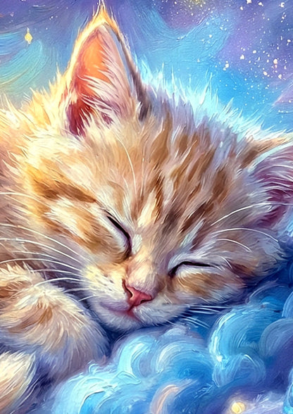 Detailsansicht. Digitales Katzenposter mit heller schlafender Katze auf weichen blauen Wolken, umgeben von Sternen, Violett und goldenem Licht.