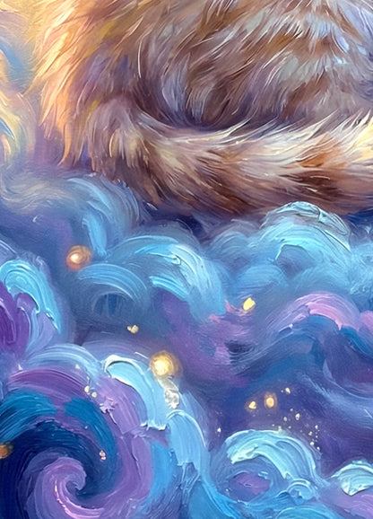 Detailsansicht. Schlafende Katze als digitales Poster mit blauen Wolken, funkelndem Sternenhimmel und sanften Akzenten in Violett und Gold.
