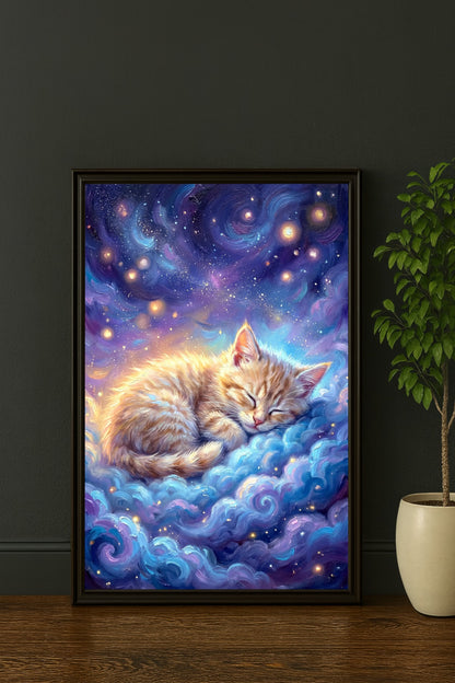 Digitales Katze Poster mit schlafender heller Katze auf blauen Wolken unter Sternenhimmel in Violett und Gold.