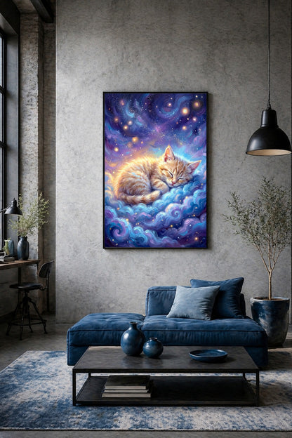 Digitales Tiny Cat Art Poster mit zusammengerollter Katze, weichen blauen Wolken, Sternen und sanften Goldakzenten.