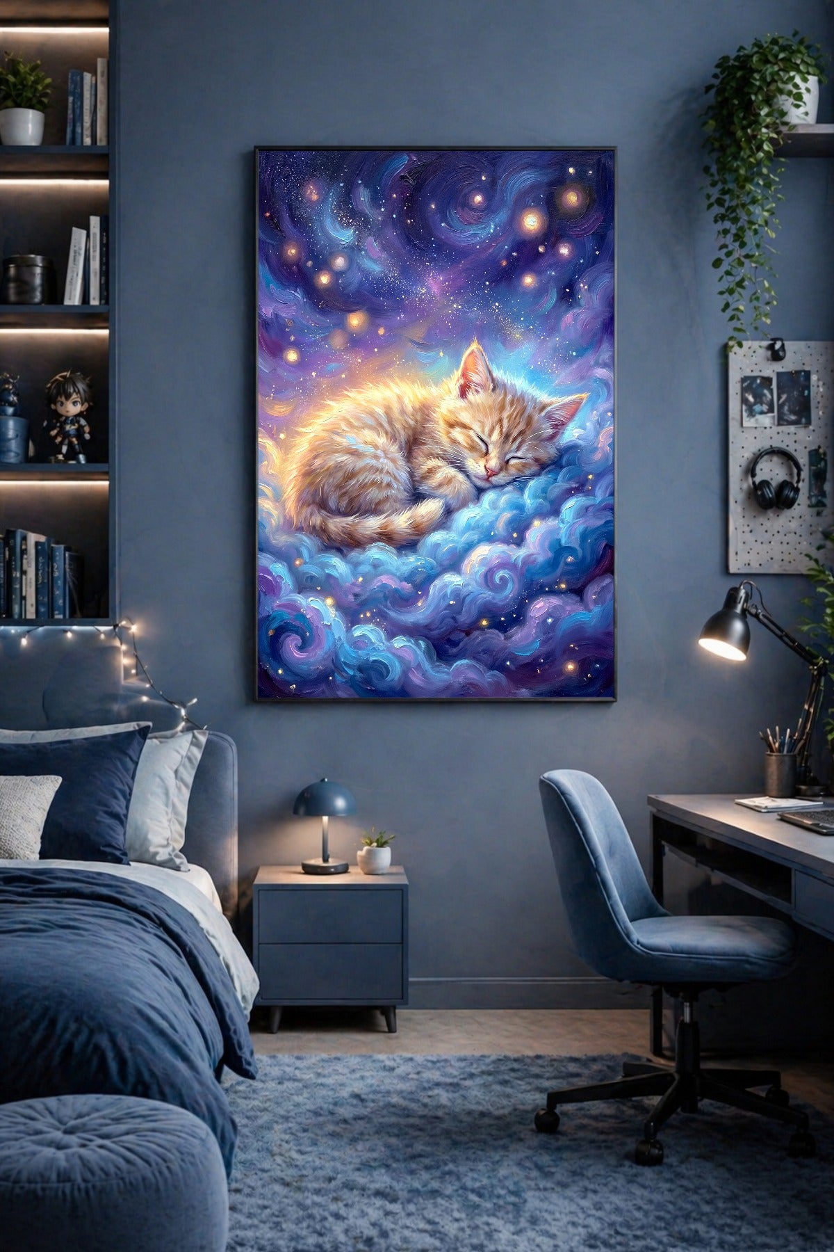Digitales Cat Lover Poster mit kleiner heller Katze auf Wolken, geschlossen Augen und märchenhaftem Nachthimmel in Blau, Violett und Gold.