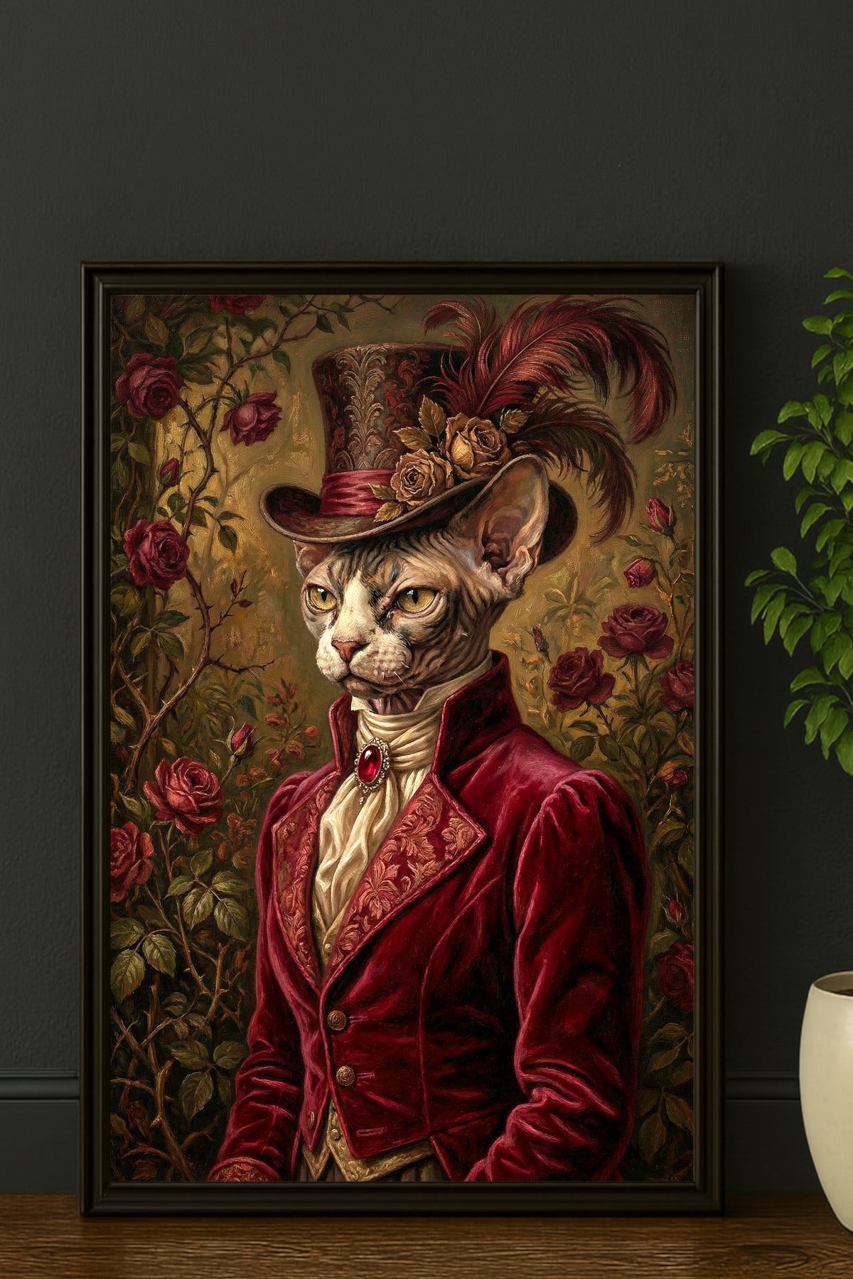 Edles Sphynx Katzenporträt im viktorianischen Stil, bordeauxrotes Samt-Jackett, Zylinder mit Federn und Rosen, mystischer Rosengarten-Hintergrund, Vintage Kunst. Präsentiert in einem Rahmen der auf einem Holzbeden n der Wand lehnend steht.