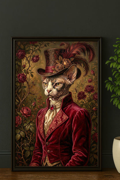 Edles Sphynx Katzenporträt im viktorianischen Stil, bordeauxrotes Samt-Jackett, Zylinder mit Federn und Rosen, mystischer Rosengarten-Hintergrund, Vintage Kunst. Präsentiert in einem Rahmen der auf einem Holzbeden n der Wand lehnend steht.