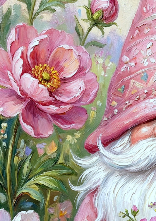 Digitalbild eines Frühlingsgnoms mit rosa Hut, langem weißen Bart und floralem Blumenstrauß in einer hellen, blühenden Wiese. Detailsansicht.