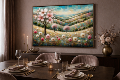 Digitales florales Landschaftsbild in Pastelltönen mit rosa Blütenbaum, sanften Hügeln, kleinen Bäumen und zarten Blumen in ruhiger Frühlingsstimmung.