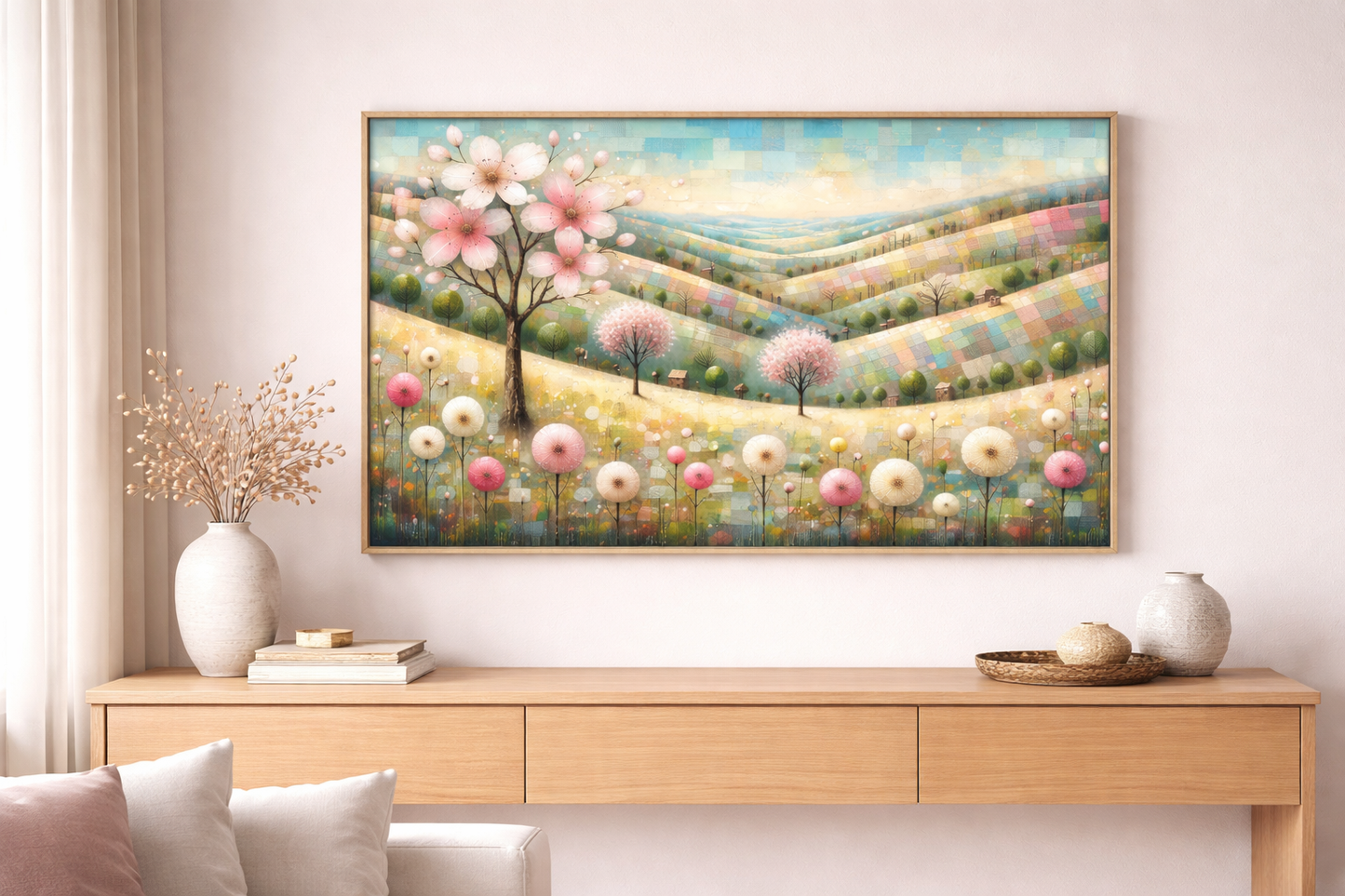 Digitales florales Landschaftsbild in Pastelltönen mit rosa Blütenbaum, sanften Hügeln, kleinen Bäumen und zarten Blumen in ruhiger Frühlingsstimmung.