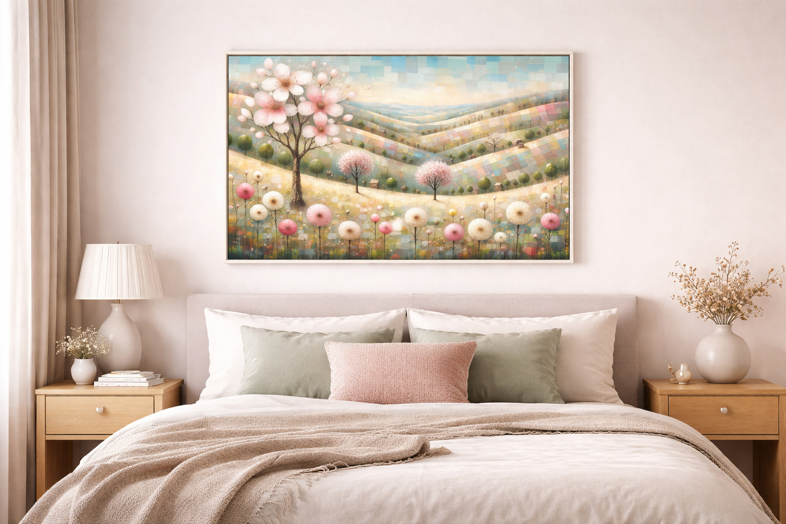 Digitales florales Landschaftsbild in Pastelltönen mit rosa Blütenbaum, sanften Hügeln, kleinen Bäumen und zarten Blumen in ruhiger Frühlingsstimmung.