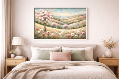 Digitales florales Landschaftsbild in Pastelltönen mit rosa Blütenbaum, sanften Hügeln, kleinen Bäumen und zarten Blumen in ruhiger Frühlingsstimmung.