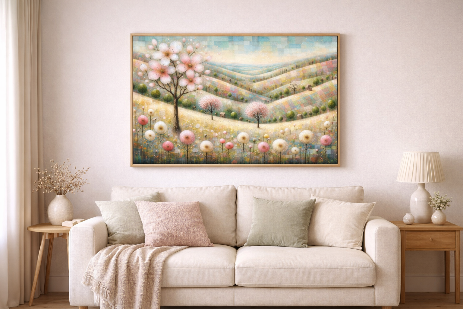 Digitales florales Landschaftsbild in Pastelltönen mit rosa Blütenbaum, sanften Hügeln, kleinen Bäumen und zarten Blumen in ruhiger Frühlingsstimmung.